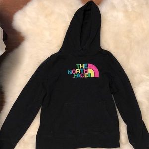 Black north face hoodie with rainbow lettering